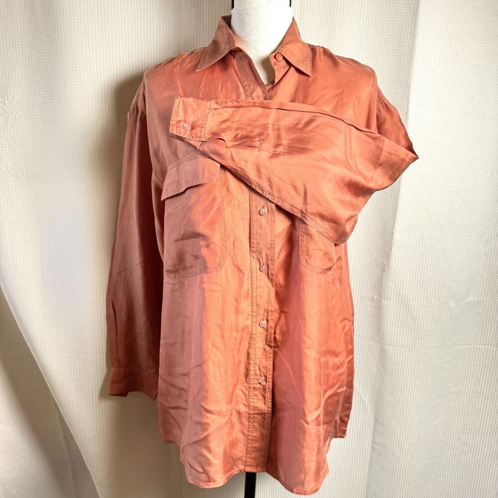 100% Silk Womens Blouse Sz S Burnt Orange "Silk Flower" Office Academia Preppy